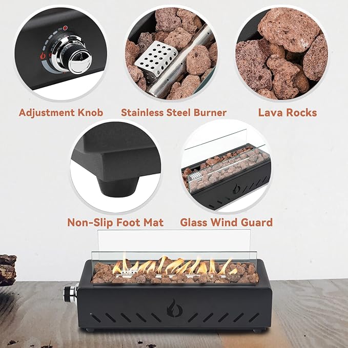 ONLYFIRE OUTDOOR LIVING 18" Tabletop Propane Gas Fire Pit Bottom-mounted for Table with Umbrella Hole, Portable Smokeless Firepit with Glass Wind Guard for Patio Backyard Camping RV Tailgating, #FP027