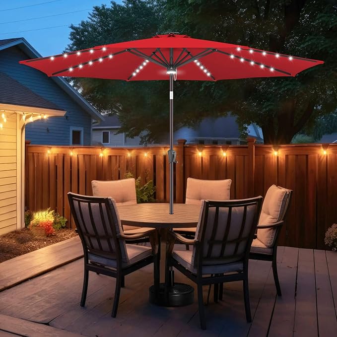 FLAME&SHADE 10 ft Solar Powered Outdoor Market Patio Table Umbrella with LED Lights and Tilt, Red