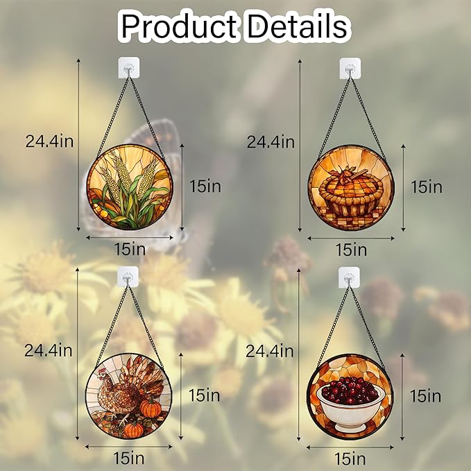 AMDERVEN Stained Glass Window Hanging 4 Pcs Set Brown Turkey Berry Corn Large 15" - Suncatcher Door Garden Sun Catcher Decor Birthday Thanksgiving Mother's Day for Mom Woman Nana Men