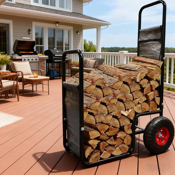 Firewood Cart: 44 X 27 X 20 in Heavy Duty 220 lbs Load Pneumatic Tires for Garden Backyard Fireplace Men Women Use