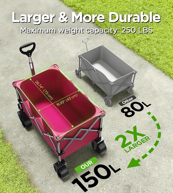 Collapsible Folding Wagon Cart with Large Wheels & 150L Capacity | Heavy-Duty Foldable Utility Wagon for Groceries, Camping, Beach, Sports & Garden Use | Compact Storage, No-Tool Setup-Pink