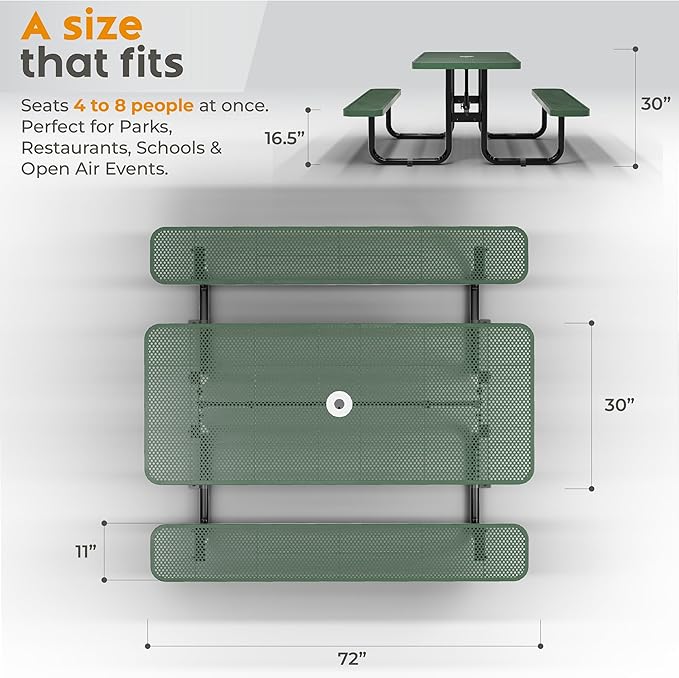 Commercial Heavy-Duty Metal Picnic Table - ADA Compliant, Adjustable Seats, Umbrella Hole (Green, 6' Rectangular, Punched Steel)