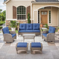 HUMMUH 7 Pieces Outdoor Furniture Set-All Weather Wicker Rattan Couch with Outdoor Rocking Chair Patio Furniture for Deck Lawn Porch Balcony Poolside-Grey/Blue
