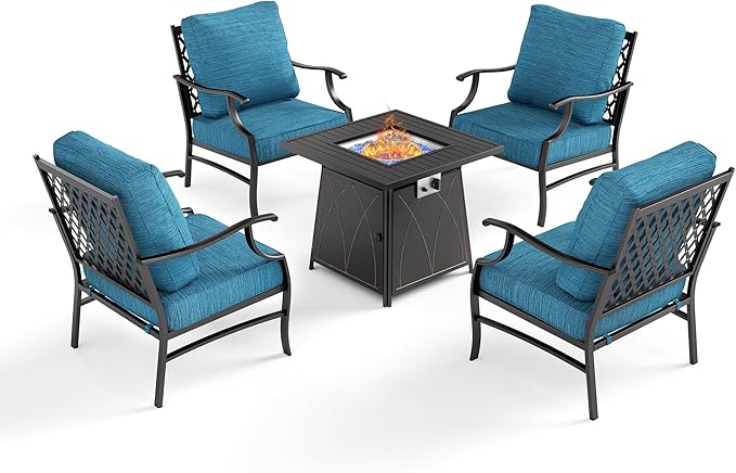 SUNSHINE VALLEY 5 Piece Metal Outdoor Patio Furniture Set with Fire Pit Table, Patio Conversation Sets 4 Fixed Chairs with 5.75" Thick Cushion and 5000 BTU Fire Pit Table, Backyard Furniture, Blue-2