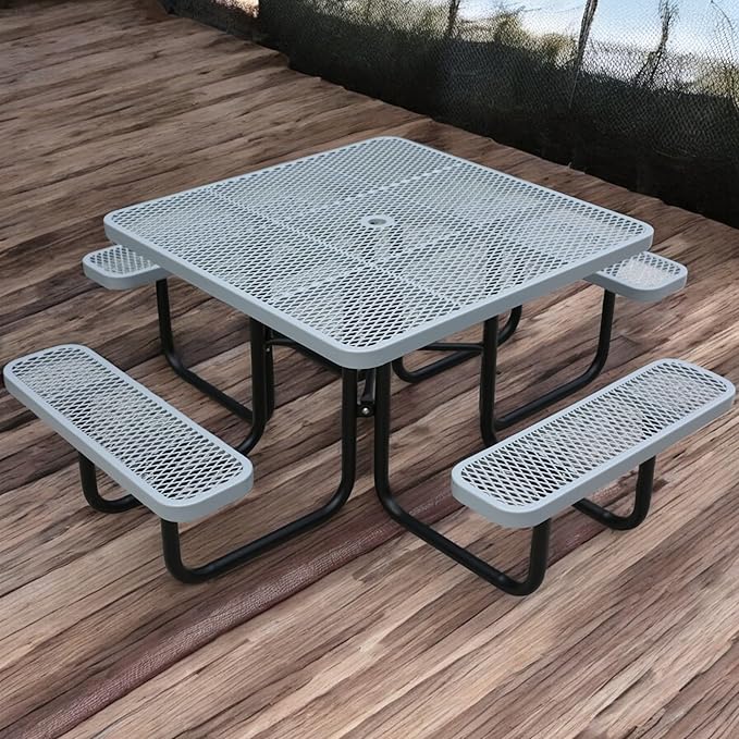 46Inch Square Picnic Table for 8 Person, Outdoor Heavy Duty Sturdy Picnic Tables with 4 Benches & Umbrella Hole, Commercial Metal Patio Picnic Table for Garden, BBQ, Coffee Store, Party, Porch (Grey)