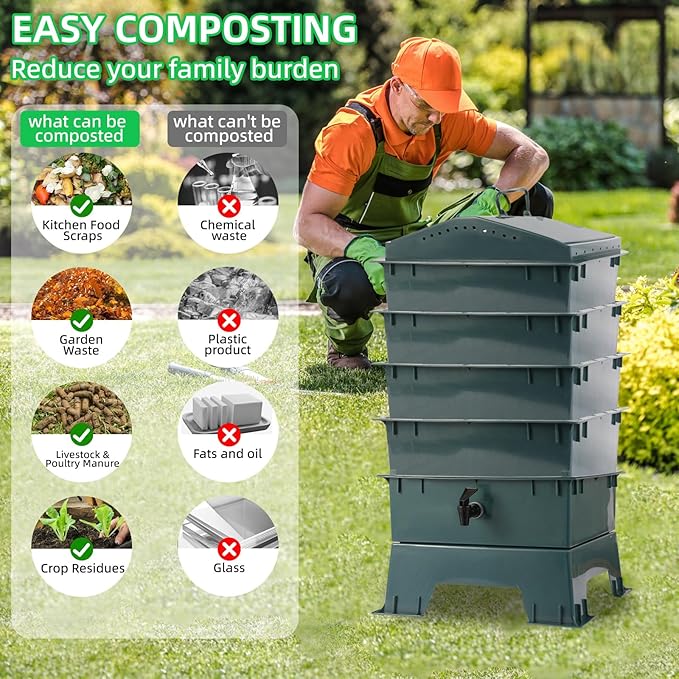 4-Tray Worm Compost Bin, Worm Composter for Outdoor & Indoor, ecocultivatify Wormie's Home, Worm Bin Set for Recycling Household Waste (Dark Green)
