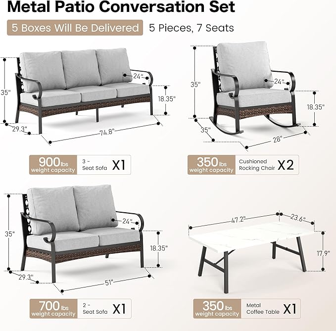 SUNSHINE VALLEY 5 Piece Metal Outdoor Patio Furniture Set, Patio Conversation Sets 3-Seater Sofa, 2-Seater Sofa, 2 Rocking Sofa with 5.75" Cushion & Coffee Table Black Backyard Furniture, Light Gray