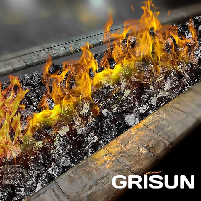 GRISUN Onyx Black Fire Glass for Fire Pit, 20 Pounds 1/2 Inch Tempered Glass Rocks for Natural or Propane Fireplace, Safe for Outdoors and Indoors Firepit Glass