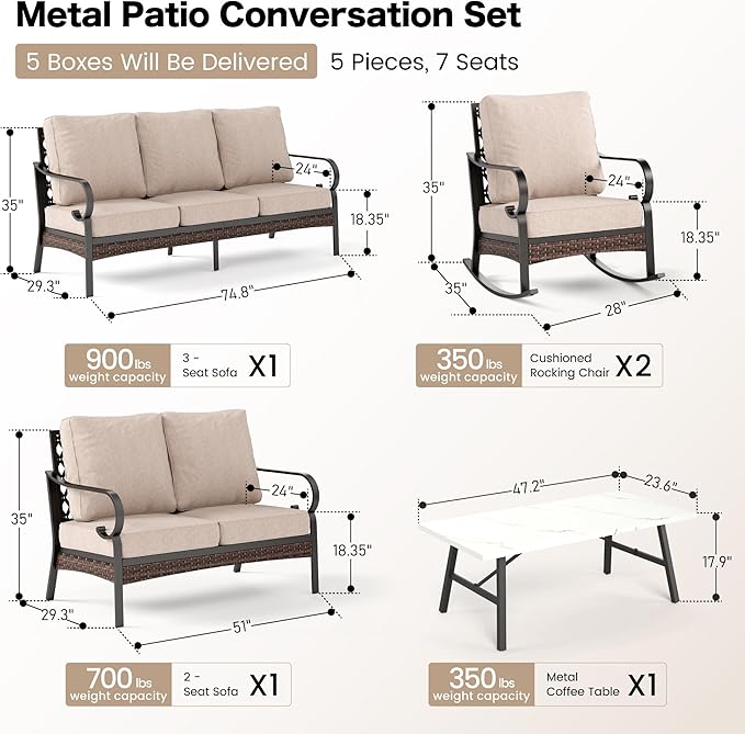 SUNSHINE VALLEY 5 Piece Metal Outdoor Patio Furniture Set, Patio Conversation Sets, Outdoor Seating Furniture 3-Seater Sofa, 2 Leg Chair and 2 Swivel Chair with 5.75" Cushion for Backyard Deck, Beige