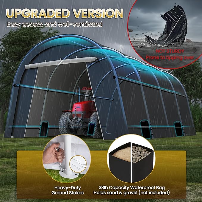 Kiss the Water Domed Carport with 4 Cloth Bags, Portable Garage with 2 Roll-up Doors, Heavy Duty Car Canopy Party Tent, All-Season Storage Shelter Shed for Cars, Truck, or Garden Tools, 13' x 20'