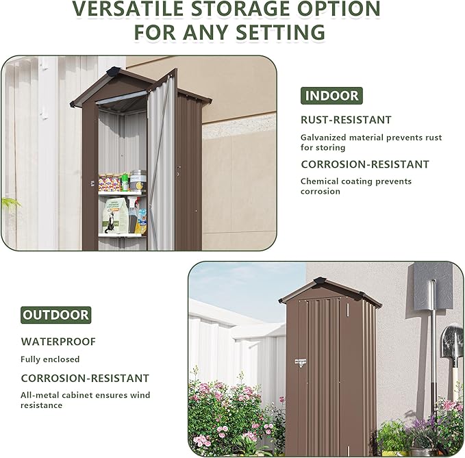 2.5x1.4 FT Outdoor Storage Shed, Tool Shed with Waterproof Roof and Lockable Door,Metal Shed with Adjustable Open Shelves for Backyard Garden Patio Lawn,Brown