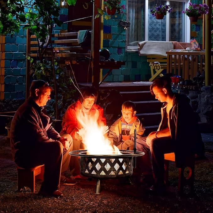 Amopatio Outdoor Fire Pit with Mat & Cover, 30 Inch Large Wood Burning Fire Pits, Patio Backyard Firepit with Steel BBQ Grill Cooking Grate, Spark Screen & Poker for Garden, Bonfire, Camping, Picnic