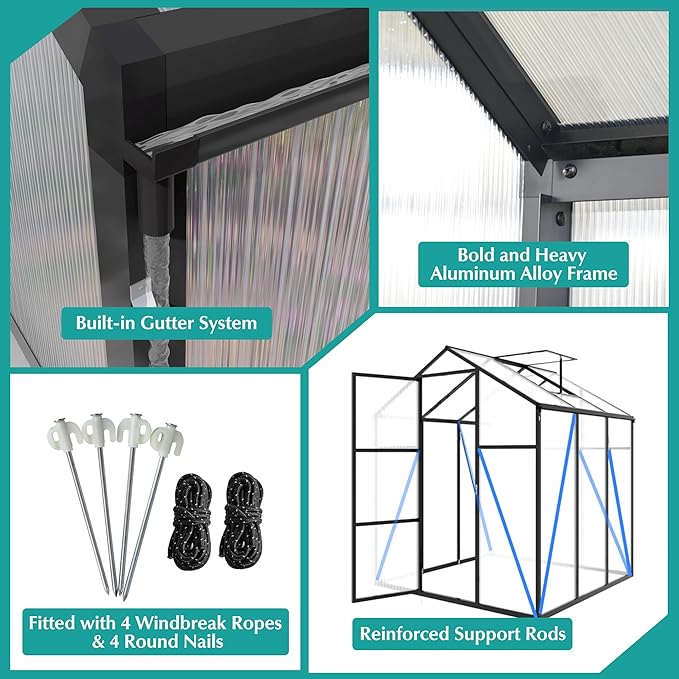 KEIKI 6x8 FT Polycarbonate Greenhouse for Outdoors, Heavy-Duty Aluminum Walk-in Greenhouse with Raised Base, Roof Vent & Drainage System, All-Season Garden Greenhouse, Black