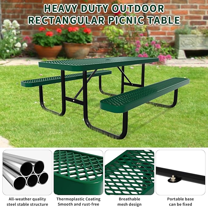 6FT Picnic Tables for Outdoors, Rectangular Commercial Metal Picnic Table Bench Set with Umbrella Hole,Heavy Duty Steel Weather-Resistant Dining Table for Patio Dining Garden Backyard BBQ School