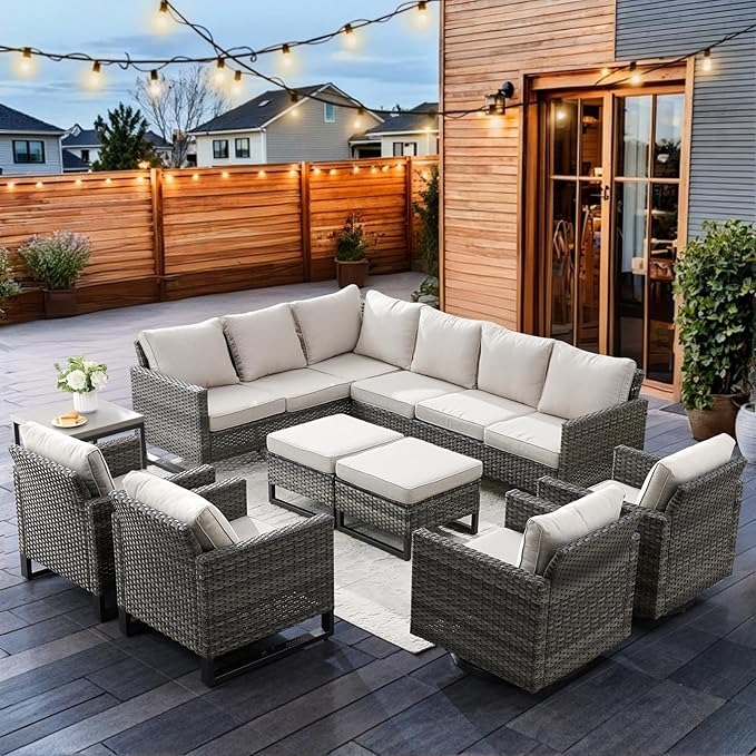 HUMMUH 9 Piece Patio Furniture PE Wicker 6-Seater Outdoor Sectional Sofa Patio Swivel Chairs,Outdoor Chairs with Ottomans Side Table for Porch,Garden,Backyard,Deck