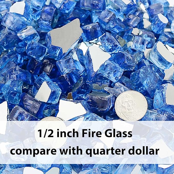GRISUN 20 Pounds Pacific Ocean Blue Fire Glass for Fire Pit - 1/2 Inch High Luster Reflective Tempered Glass Rocks for Natural or Propane Fireplace, Safe for Outdoors and Indoors Firepit Glass