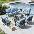 MFSTUDIO 7 Pieces Metal Patio Furniture Sets, 2 Swivel Chairs, 3-Seat Deep Seating Sofa, 2 Single Couch and 2 Ottoman, All Weather 9 Seats Outdoor Conversation Set for Garden Backyard, Blue Cushion