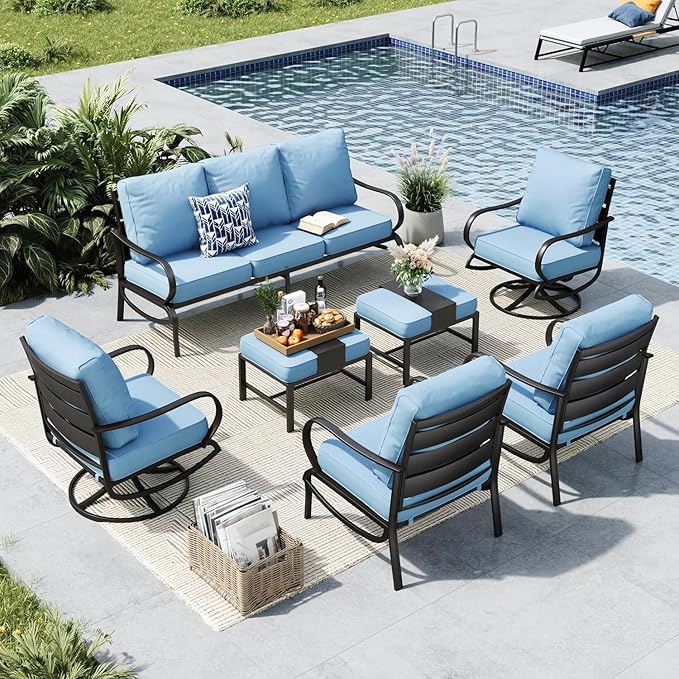 MFSTUDIO 7 Pieces Metal Patio Furniture Sets, 2 Swivel Chairs, 3-Seat Deep Seating Sofa, 2 Single Couch and 2 Ottoman, All Weather 9 Seats Outdoor Conversation Set for Garden Backyard, Blue Cushion