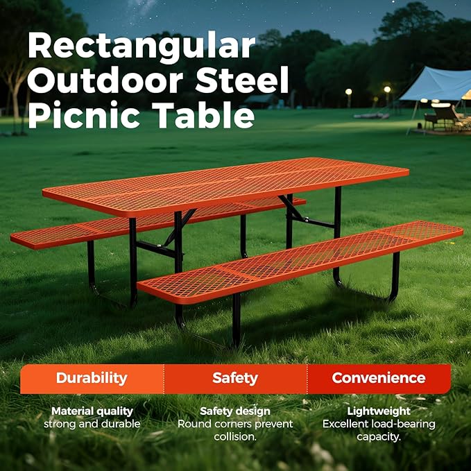 Rueekfil 72" Coated Picnic Table with Umbrella Hole, Heavy Duty Commercial Picnic Table for Outdoors, Family & Party Ready for School Camping, Rectangular, Orange