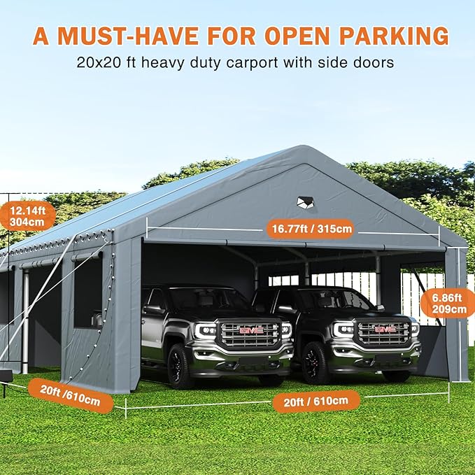 Carports 20X20 Heavy Duty，2 Car Carports with Side Doors，Portable Car Port Garage All Weather，Extra Large Outdoor Carport Canopy，Grey