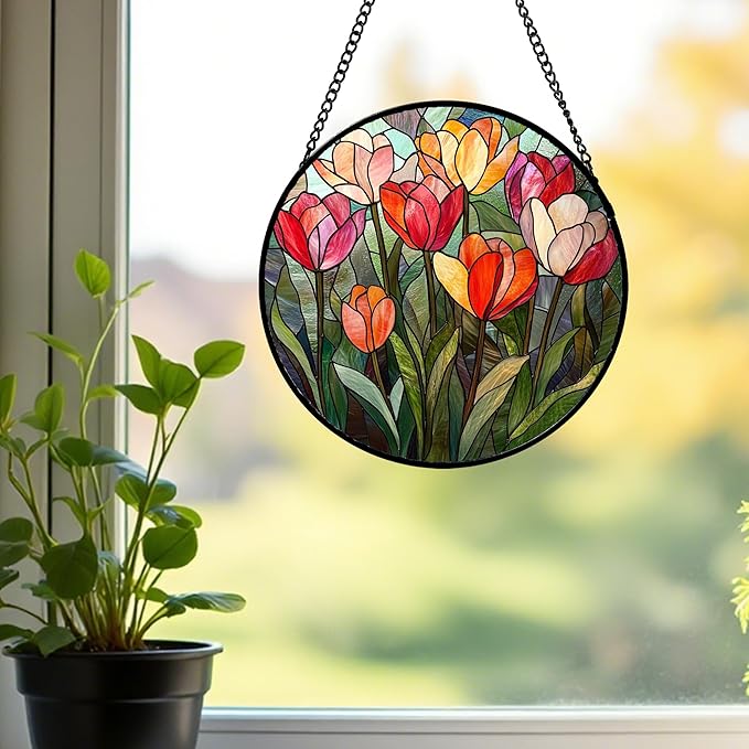 QZQCBLC Stained Glass Window Hanging Red and Pink Tulips 6.3" - Plant Suncatcher Door Garden Flower Sun Catcher Home Decor Birthday Christmas for Mom Woman Wife Friend Nana