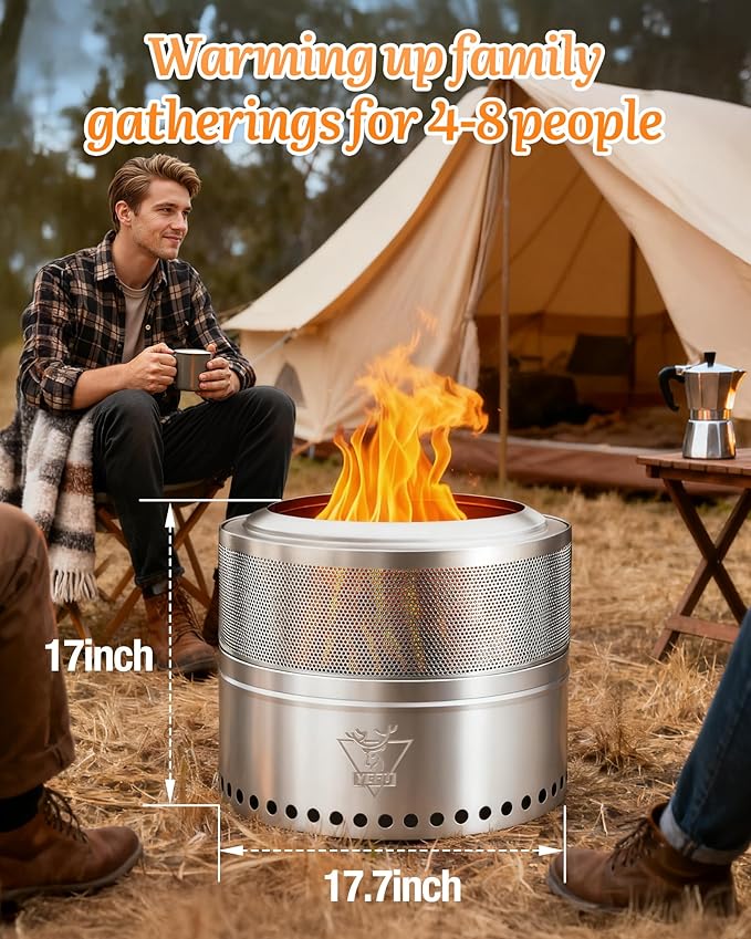 YEFU Fire Pit 18in Dia, Folding Smokeless Firepit, Wood Burning Stainless Steel Portable Outdoor Fireplace with Removable Ash Stand,Gloves,Fire Poker,Bonfire Fire Pits for Outside Camping,16.6 lbs