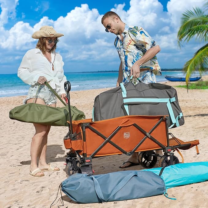 TIMBER RIDGE 47"L Collapsible Folding Wagon with Tailgate, 550lbs Heavy Duty Beach Wagon with All-Terrain Big Wheels, 250L Foldable Utility Wagon Cart for Sand Camping Sports Shopping, Orange