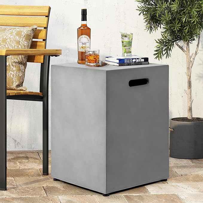 Propane Tank Cover Table Square, Outdoor Tank Covers Propane Storage Box 20 LB Modern Cover Tables with Side Handle, Concrete Hideaway Holder for Patio Backyard Deck(Grey)