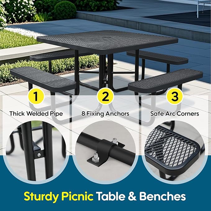 Sunnibety 8-Person Picnic Tables for Outdoors, Industrial 46" Expanded Metal Square Picnic Table with 4 Benches & Umbrella Hole, Outside Table and Bench Set for Garden, Backyard, Porch, Patio, Black