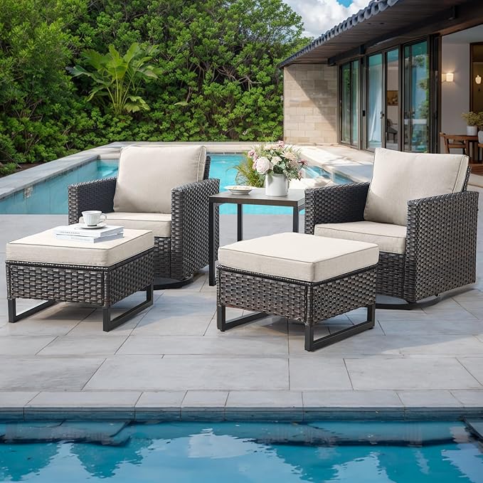 HUMMUH 9 Piece Patio Furniture Set Outdoor Sectional Sofa,High Back Patio Swivel Rocker Chairs with Ottomans Coffee Table for Porch,Garden,Backyard(Brown/Beige)
