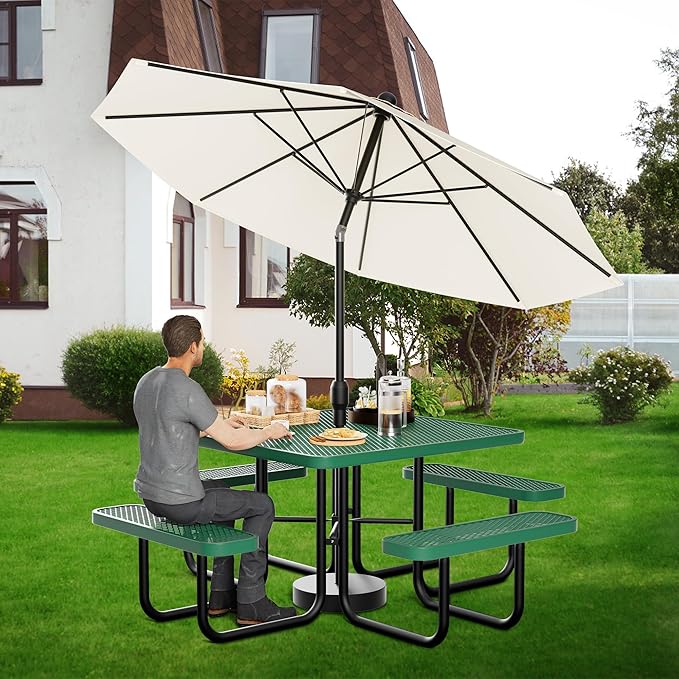 HIMcup 46" Square Picnic Table for Outside,Heavy Duty Metal Picnic Table Bench Set with 2in Umbrella Hole, 1600 lb Capacity,Commercial Dining Table Furniture for Garden Yard Patio Party Coffee Shop