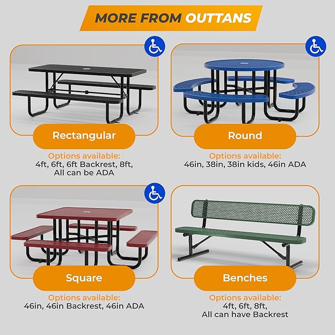 Commercial Heavy-Duty Metal Picnic Table with Backrest - ADA Compliant, Adjustable Seats, Umbrella Hole, Expanded Metal (Black, 6' Rectangular with Back)