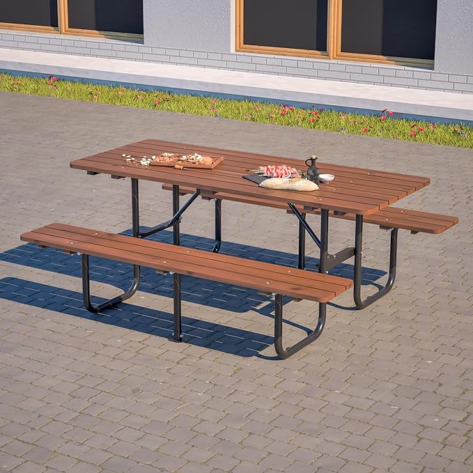 Rueekfil 72" Rectangular Commercial Picnic Table with Wooden Top, Metal Legs, Durable Outdoor Dining Table Camping Table with 1.97" Umbrella Hole for School, Warehouse, Brown