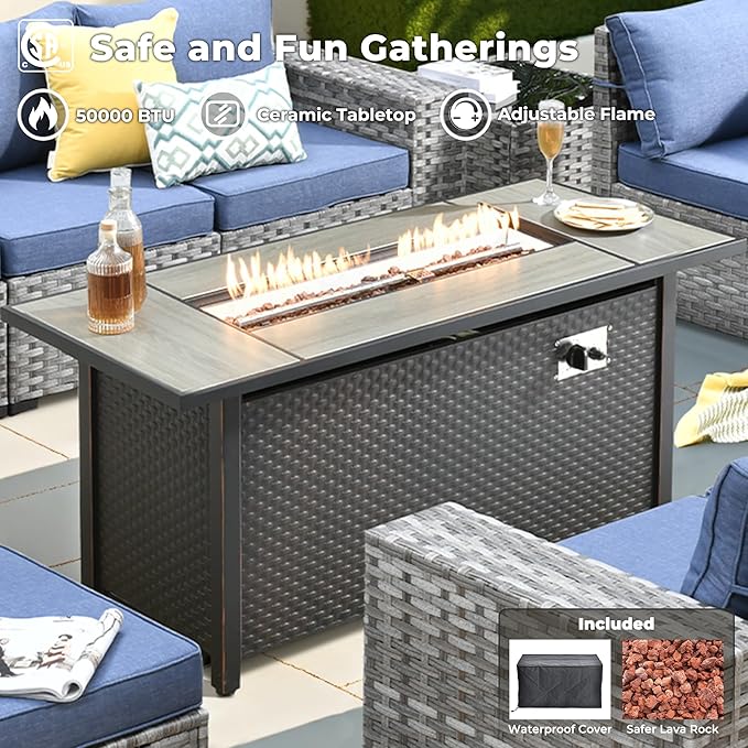 ovios 16 Pieces Patio Furniture Set, Outdoor Wicker Sectional Sofa with 54" Fire Pit Table Swivel Chairs, Modern Modular Deep Seat Rattan Couch Conversation Sets, Denim Blue