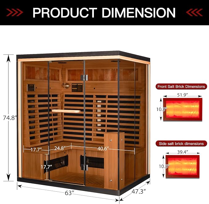 Full Spectrum Infrared Sauna, 3-4 Person Home Sauna with 6 Heating Tubes&4 Carbon Plates,Indoor Dry Sauna with Himalayan Salt Panel and LCD Control Panel
