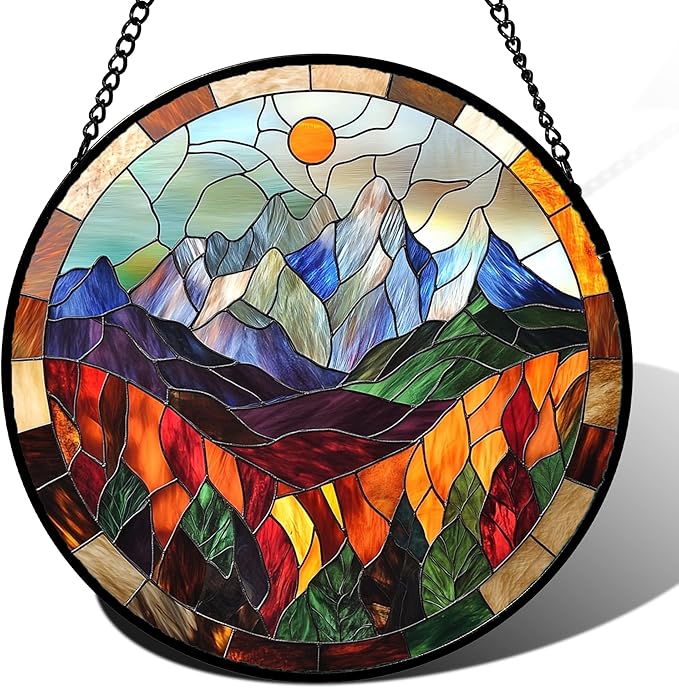 QZQCBLC Stained Glass Window Hanging Orange Sun Colorful Mountains Landscape 7.8" - Suncatcher Door Garden Sun Catcher Home Decor Birthday Christmas for Mom Men Woman Friend