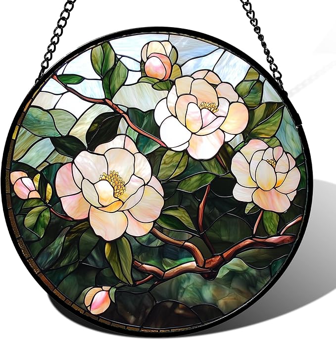 AMDERVEN Stained Glass Suncatcher, Light Pink Flowers Green Leaf Sun Catcher Plant Stain Glass Window Hanging Decoration Mother's Day Birthday Gifts for Women Men Mom Nana 15 in