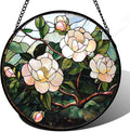 AMDERVEN Stained Glass Suncatcher, Light Pink Flowers Green Leaf Sun Catcher Plant Stain Glass Window Hanging Decoration Mother's Day Birthday Gifts for Women Men Mom Nana 11.8 in