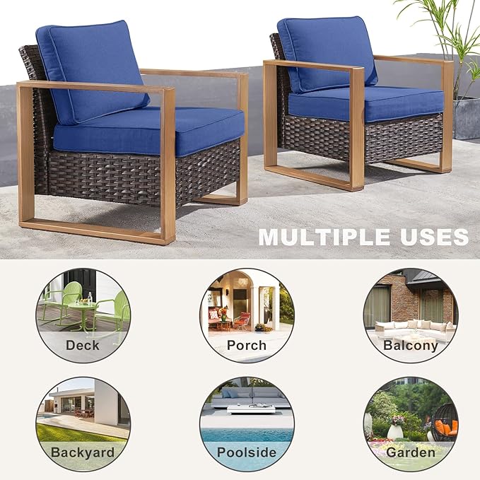 Rilyson 3 Piece Wicker Patio Furniture Set,Patio Bistro Set with 2 Rattan Armrest Chairs and 1 Side Table,Sturdy Frame,All-Weather PE Wicker,Wide Armrest,Deep Seating and Thick Cushions(Brown/Blue)
