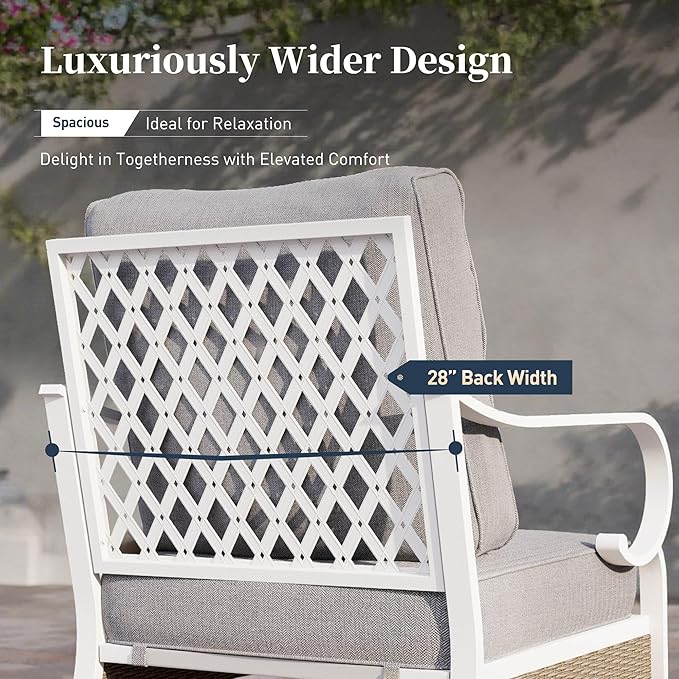 SUNSHINE VALLEY 4 Piece Metal Outdoor Patio Furniture Set, Patio Conversation Sets 1 3-Seater Sofa, 2 Single Sofa with 5.75" Extra Thick Cushion and Coffee Table, White Frame Backyard Furniture, Gray