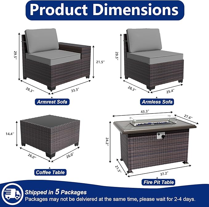 Outdoor Patio Furniture Set with Gas Fire Pit Table, 7 Pieces Patio Furniture Set Outdoor Sectional Sofa w/43in Propane Fire Pit, PE Wicker Rattan Patio Conversation Sets -Grey