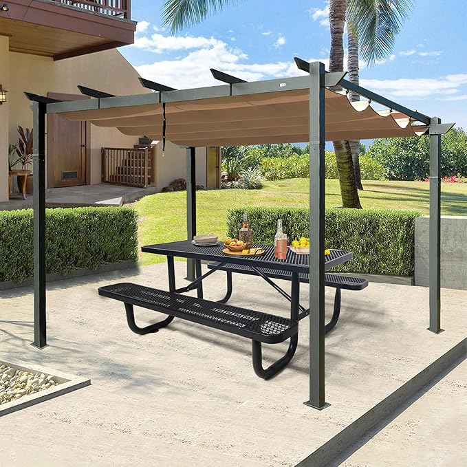 HIMcup 6FT Rectangular Steel Outdoor Picnic Table,Commercial Black Picnic Table Bench Set with Umbrella Hole, Weather-Resistant Heavy Duty School Dining Table for Patio, Garden, Backyard