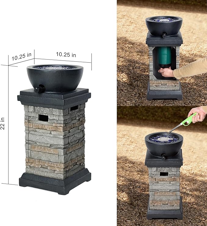 1Lb Bowl Gas Fire Pit, 10,000 BTU Propane Fire Pit, Outdoor Firepit for Outdside Patio w/Glass Rocks