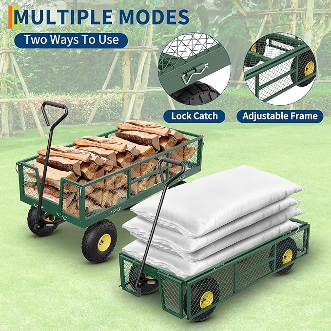 900 LBS Garden Cart with Removable Mesh Sides, Heavy Duty Steel Garden Wagon with Adjustable Handles & 10" Pneumatic Tires, Utility Wagon for Lawn Camping Farm Yard, Green+Black