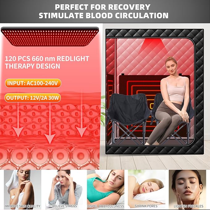 2 Person Infrared Sauna Box, Portable Infrared Sauna for Home, Personal Infrared Saunas with Red Light Threapy, Remote Control, Upgraded Comfortable Chair