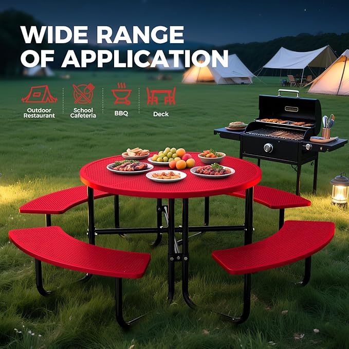 Rueekfil 46" Coated Picnic Table with Umbrella Hole, Heavy Duty Commercial Picnic Table for Outdoors, Family & Party Ready for School Camping, Round, Red