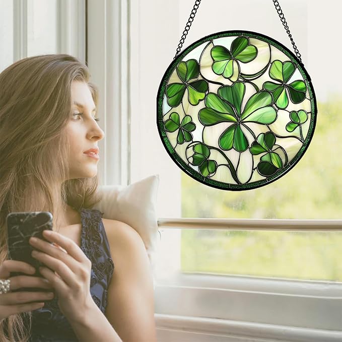 CRISGIF Stained Glass Window Hanging - Ireland Green Lucky Clover Suncatcher for Doors Garden St. Patrick's Day Sun Catchers Decor Mother's Day Birthday for Women Men Mom Nana 11.8 in