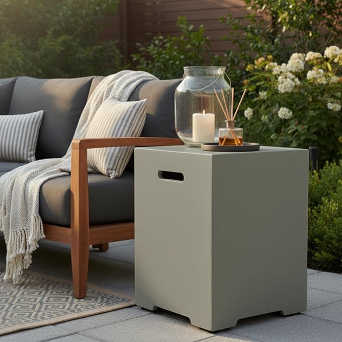 Propane Tank Cover 16-Inch, 20 LB Outdoor Tank Storage Hideaway Side Table for Gas Fire Pits, Light Concrete Tank Holder, Cement grey