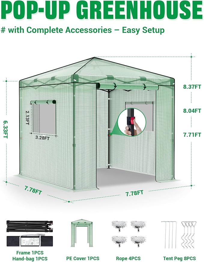 8x8 Instant Pop up Greenhouses, Indoor Outdoor Portable Greenhouse Walk-in for All Season, Small Green House with Roll-Up Zipper Doors and Side Windows, 4 Sandbags, Pe Cover, Green/Clear