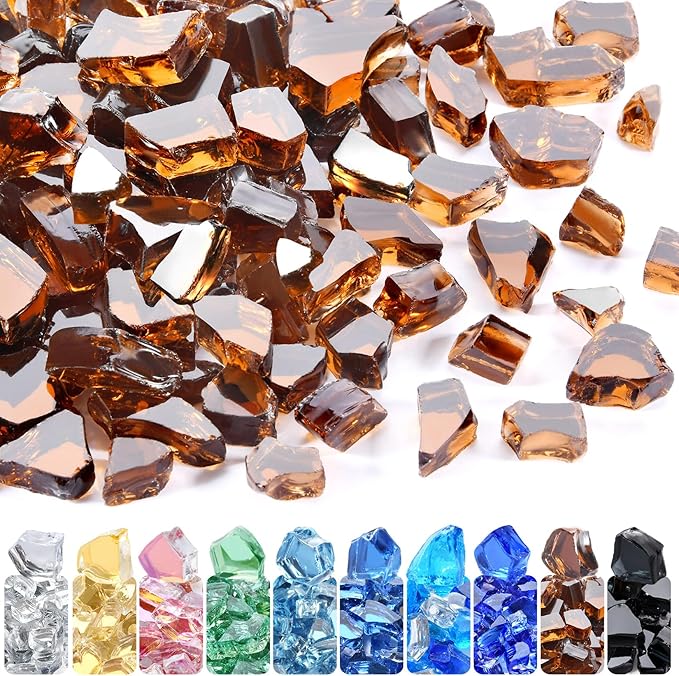 GasSaf 1/2 Inch Fire Glass Reflective Tempered Fireglass Cut Crushed FireGlass for Fire Pit, Fireplace, Replaces Existing Gas Logs & Lava Rocks (10 Pound)(Amber Reflective).
